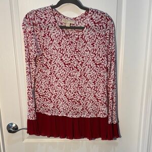 Michael Kors Red and White Leaf Print Blouse Long Sleeves Border Along Bottom M